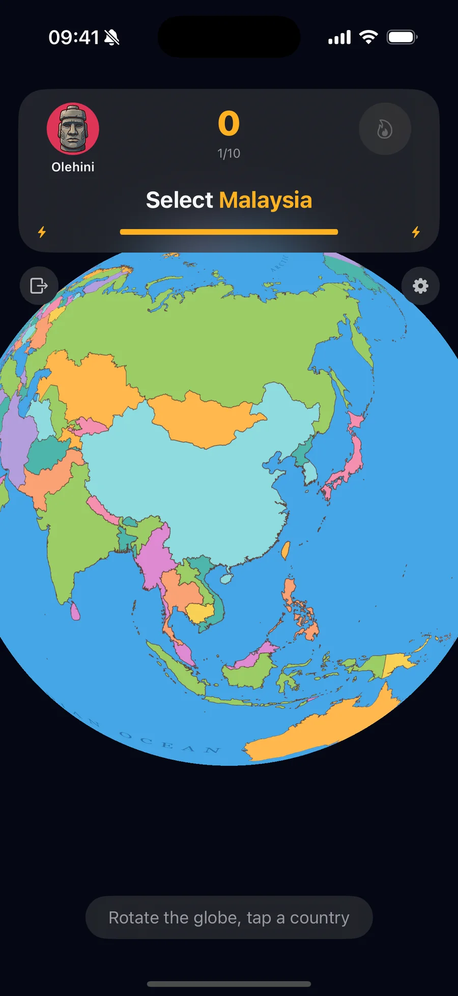 A solo round asking you to tap Malaysia on the globe