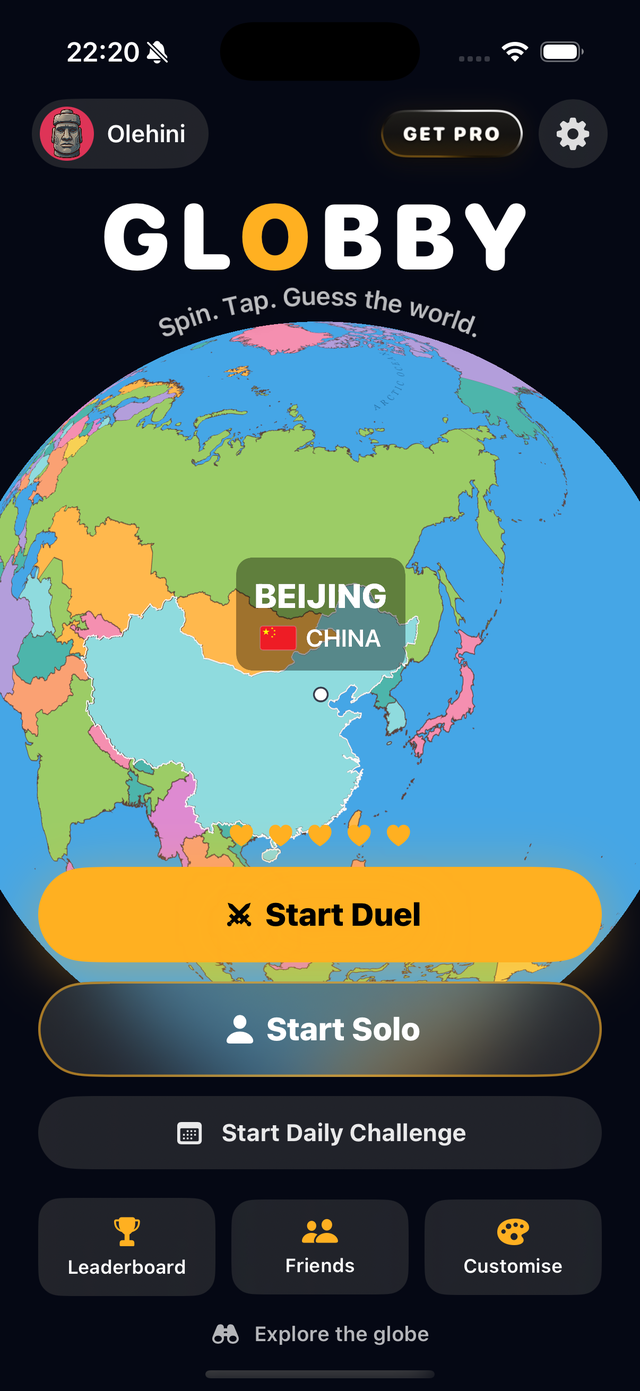 Globby home screen with the 3D globe